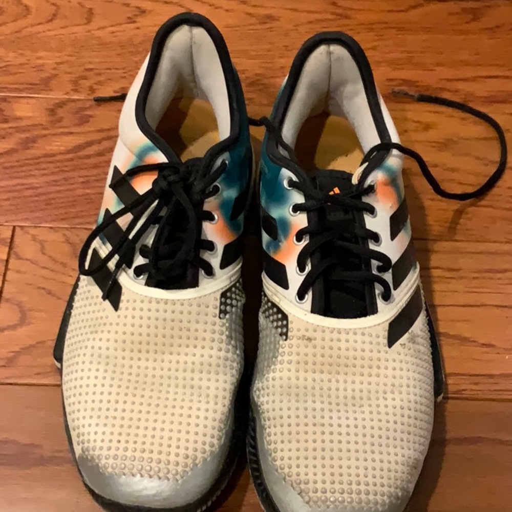 Men’s size 10 1/2 Adidas white, green, orange black tennis shoes
